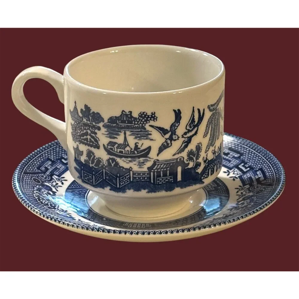 Vintage Blue Willow Cup & Saucer Set of Two - Blue & White Transferware